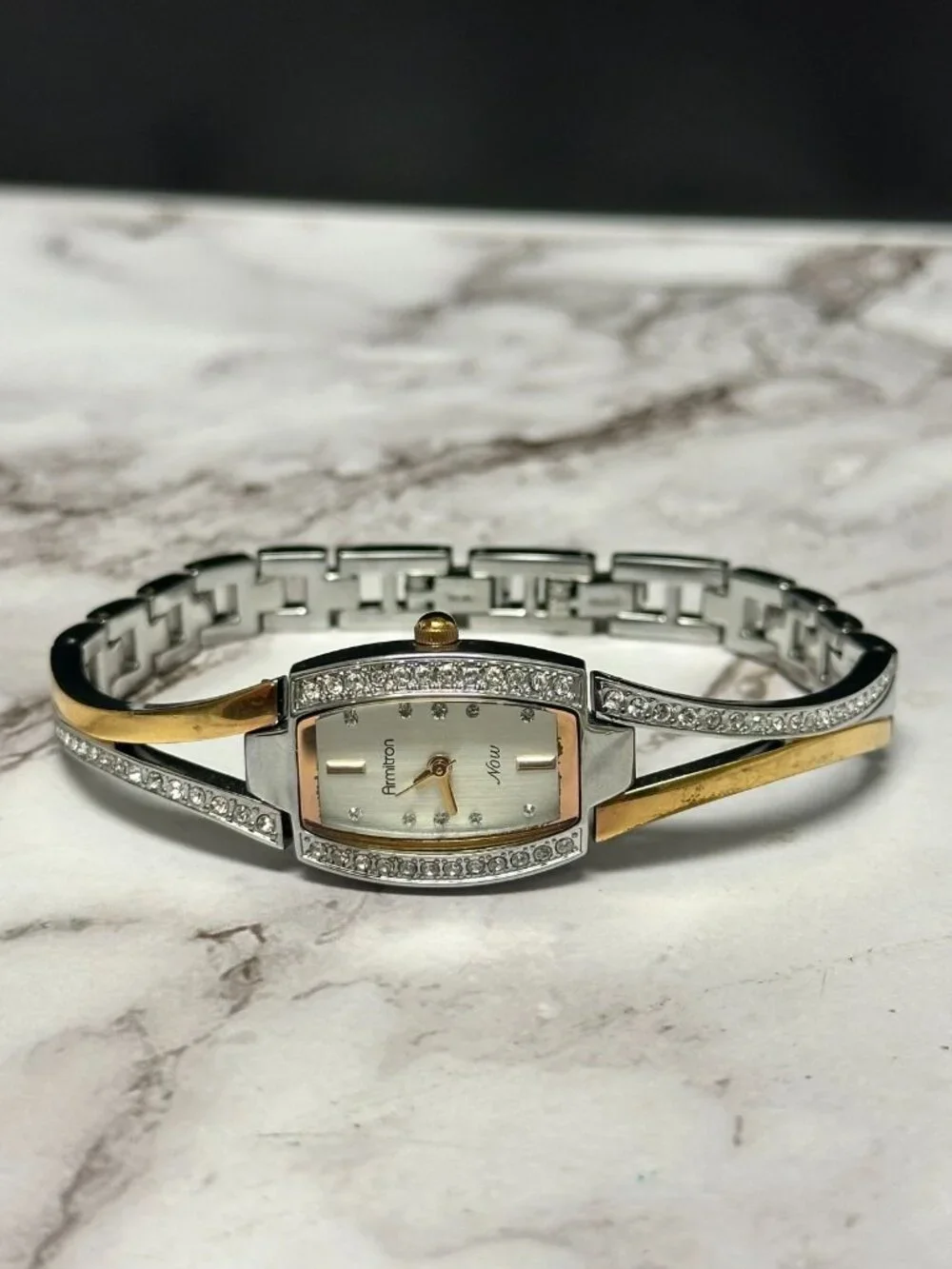 3/$30 Armitron Watch Women Silver Rose Gold Two Tone Crystal Bezel 7.5
